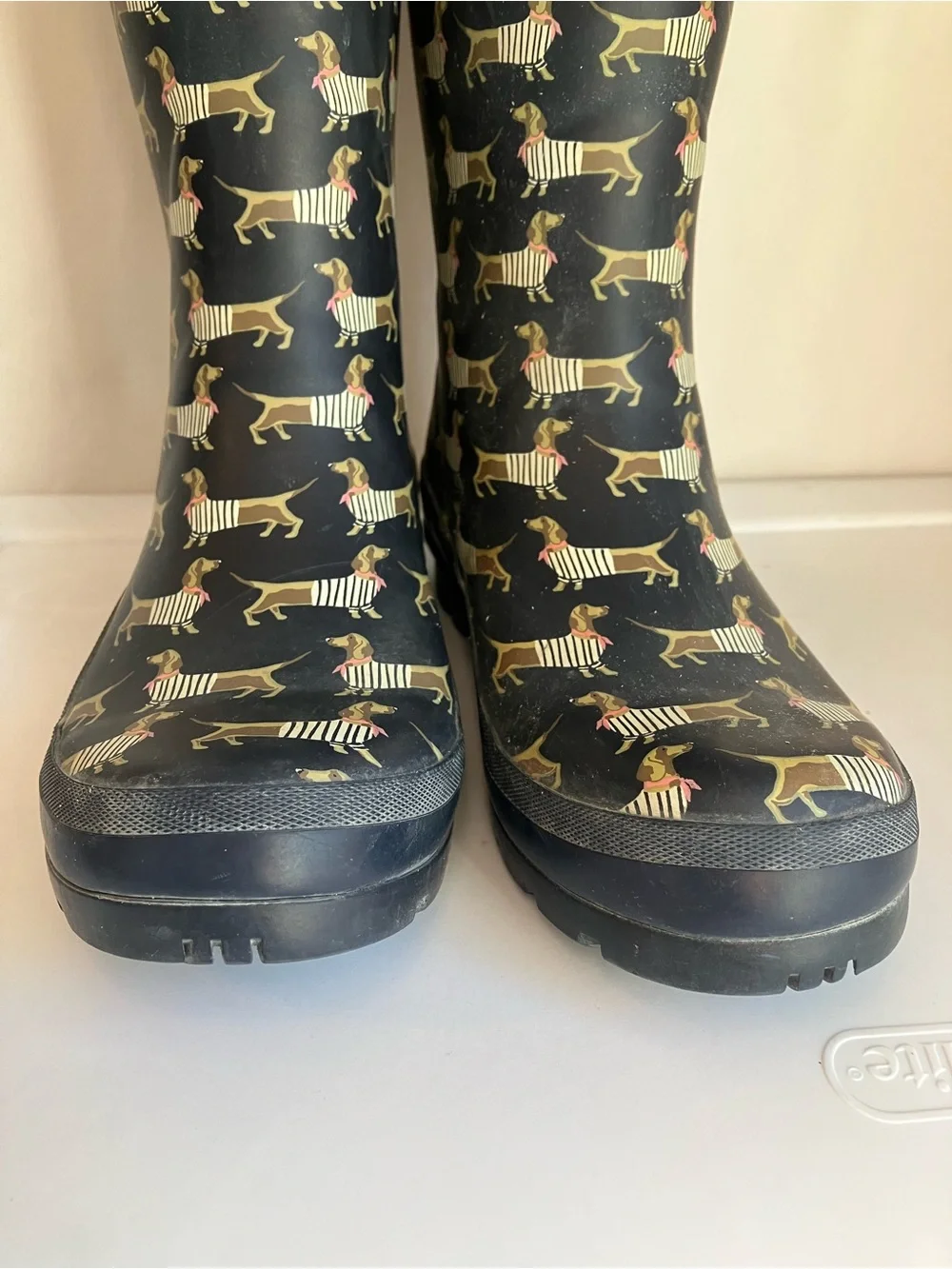Joules Black tan Dachshund Weiner Dog Print Tall Rain Boots Wellies women’s 7